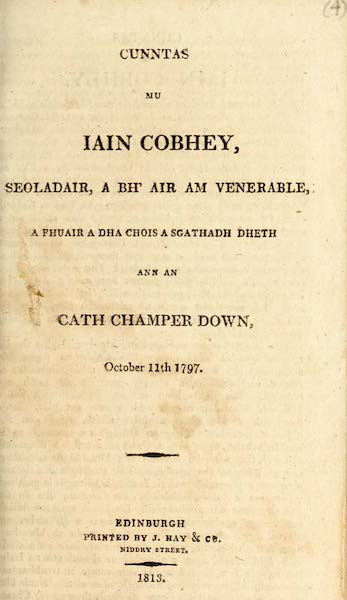 Cunntas mu Iain Cobhey, Seoladair, a bh’ air am Venerable, a Fhuair a Dha Chois a Sgathadh dheth ann an Cath Champer Down, October 11th, 1797.